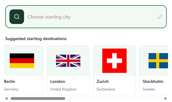Starting city picker with suggested destinations