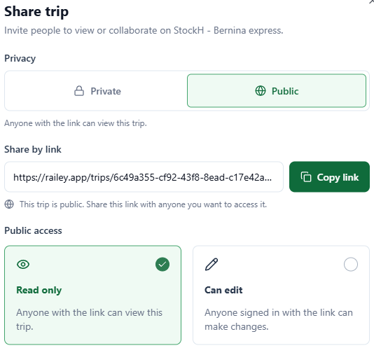 Trip sharing settings with public access controls