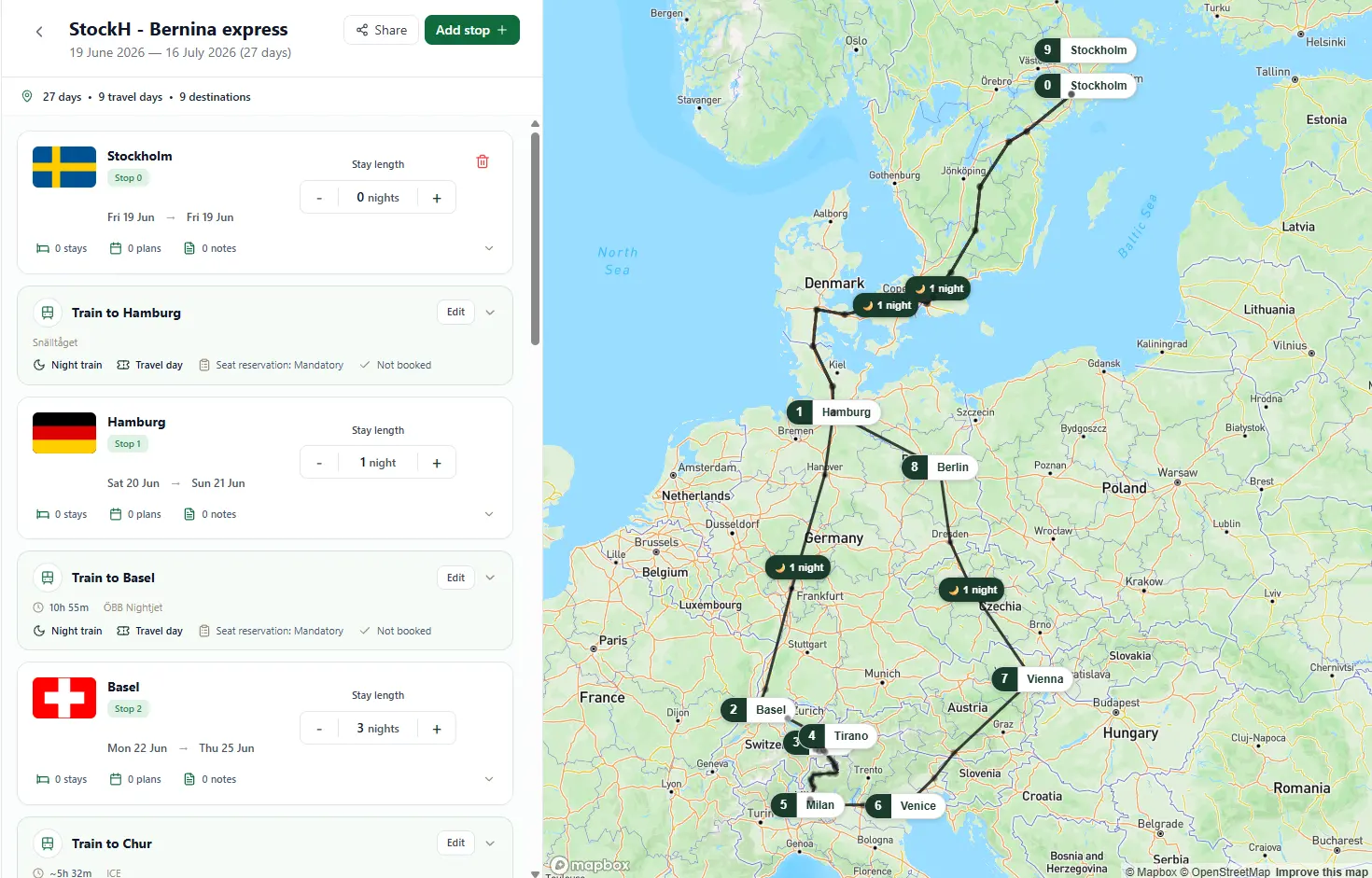 Railey route planner with a trip timeline and route map